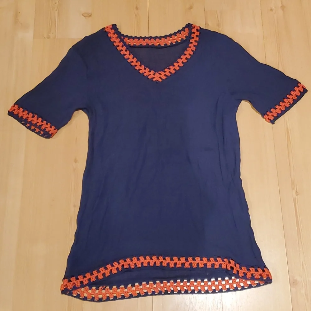 Navy Blue Crochet Trim Swim Covet V-Neck Short‎ Sleeve Orange White Accents Boho